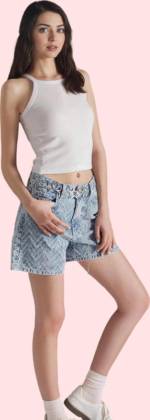 Kadın Yüksek Bel Pamuk Denim Şort Geniş Paça City Short Yazlık Günlük Yaz Aylarının Vazgeçilmezi - Image 1