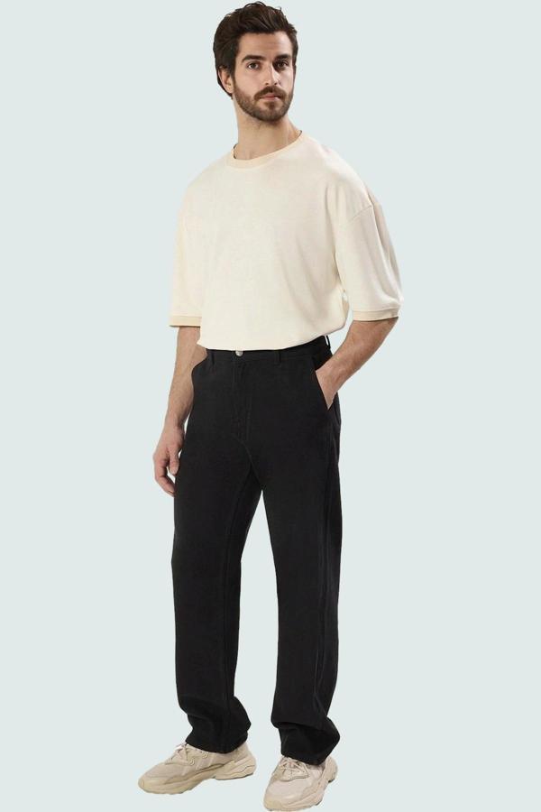 Erkek Pamuklu Gabardin Pantolon Düz Desen Geniş Paça Günlük Ve Rahat Yaz Aylarının Vazgeçilmezi - Image 1