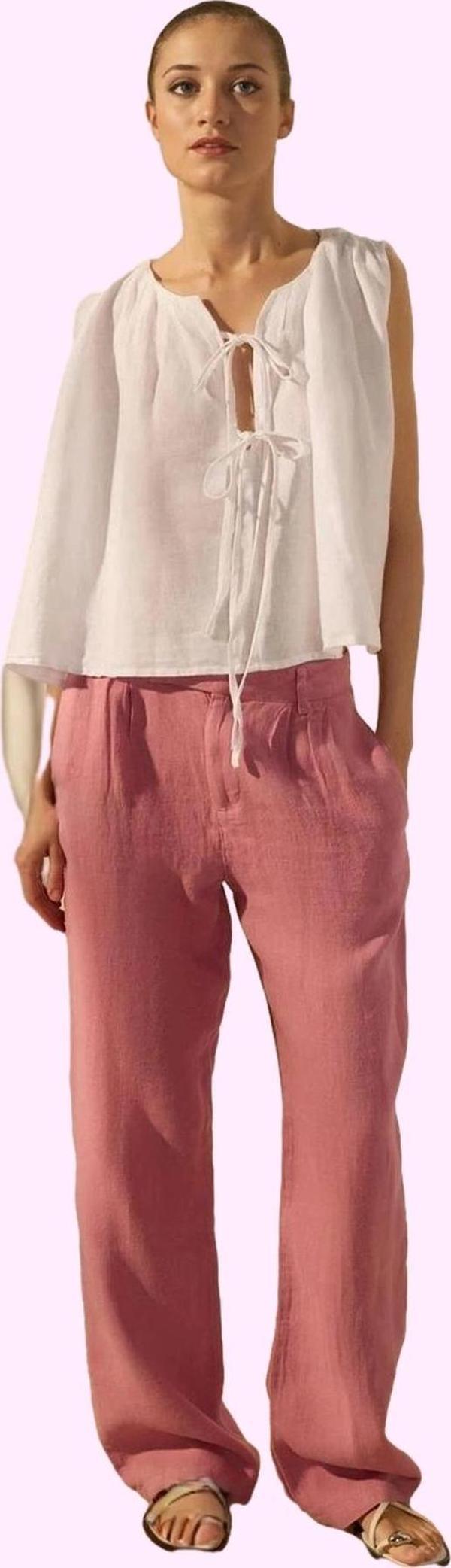 Kadın Keten Dokuma Pantolon Yüksek Bel Wide Leg Günlük Kullanım Yaz Aylarının Vazgeçilmezi - Image 1