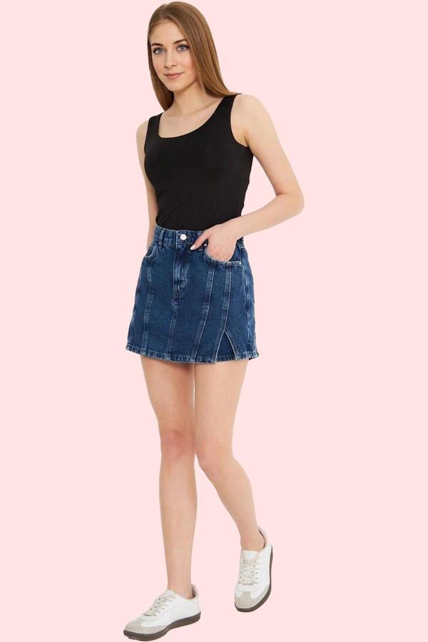 Kadın Pamuk Denim Şort Etek Yüksek Bel Geniş Paça Düz Desen Yazlık Günlük Kaliteli Malzeme - Image 1