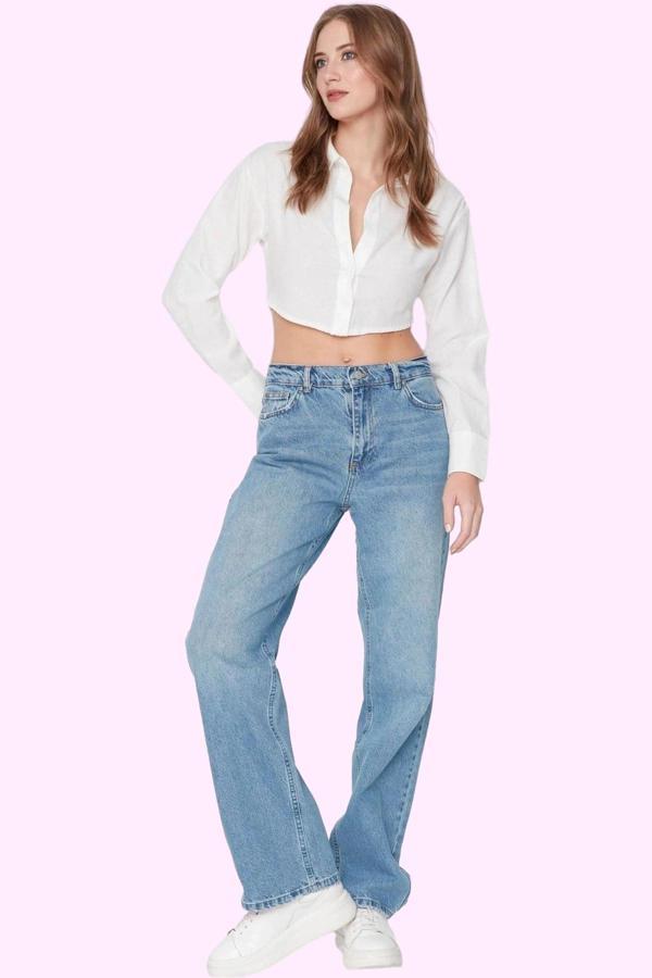 Kadın Pamuklu Denim Regular Geniş Paça Kot Pantolon Düşük Bel Günlük Kullanım Modern Tasarım - Image 1