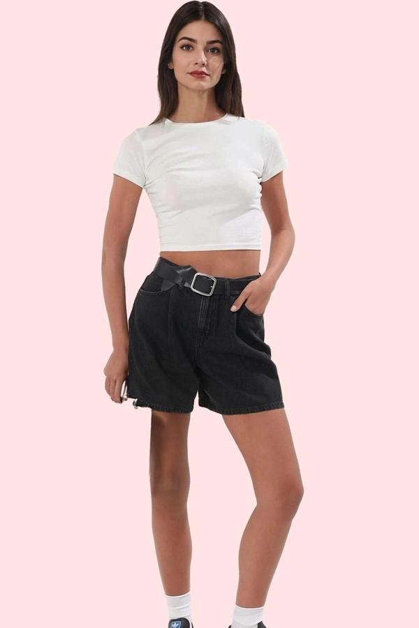 Kadın Yüksek Bel Pileli Denim Bermuda Şort Pamuk Yaz Aylarının Vazgeçilmezi Günlük Kullanım - Image 1