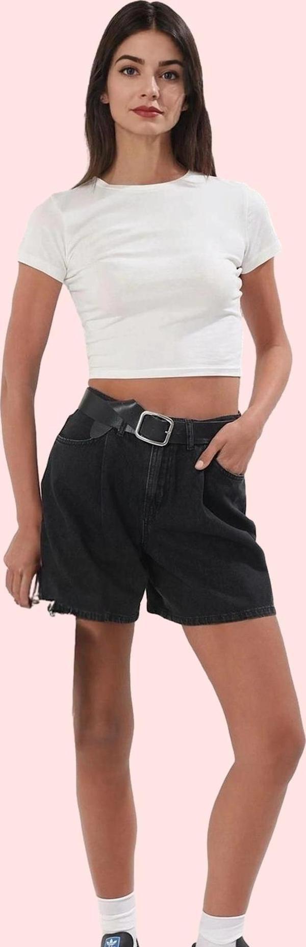 Kadın Yüksek Bel Pileli Denim Bermuda Şort Pamuk Yaz Aylarının Vazgeçilmezi Günlük Kullanım - Image 1
