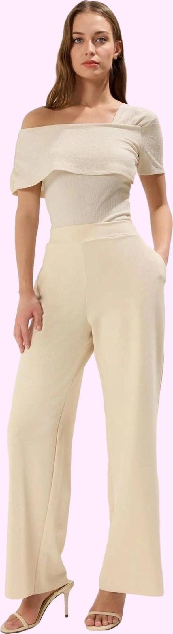 Kadın Düz Desenli Regular Yüksek Bel Geniş Paça Örme Pantolon Rahat Kesim Günlük Kombinler - Image 1