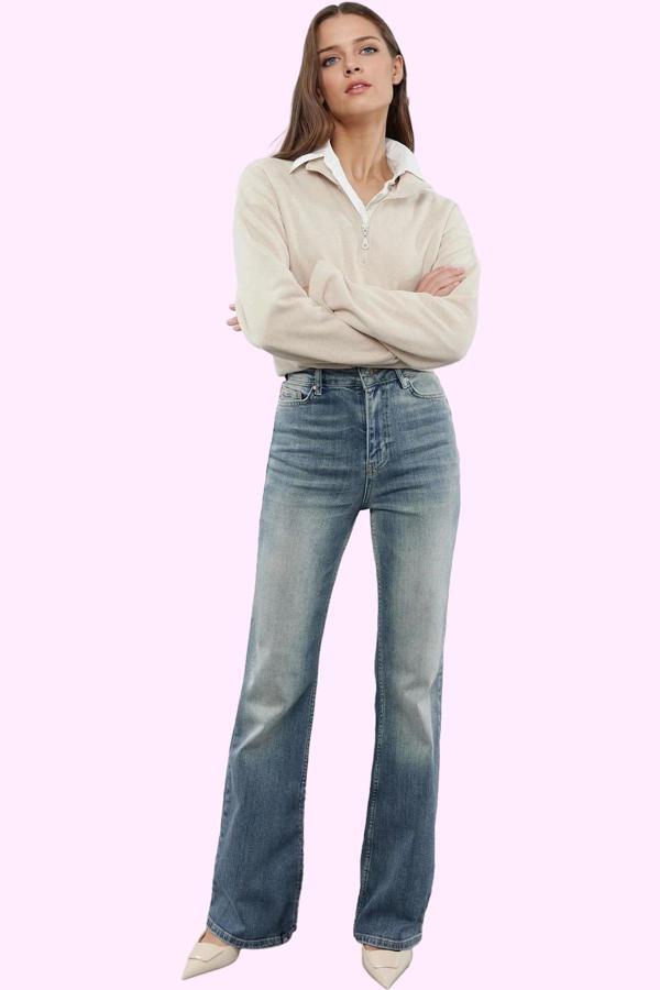 Kadın Normal Bel Düz Desen Comfort Dokuma İspanyol Paça Jean Günlük Kombinler Modern Tasarım - Image 1