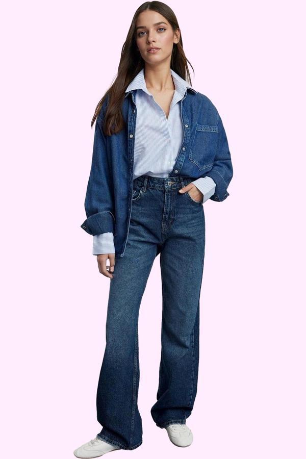 Kadın Pamuk Denim Jean Pantolon Yüksek Bel Geniş Paça Günlük Stil Yaz Aylarının Vazgeçilmezi - Image 1