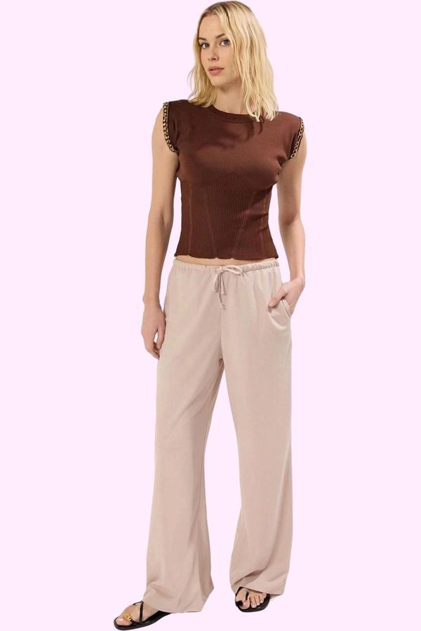 Kadın Straight Pantolon Yüksek Bel Geniş Paça Örme Kumaş Günlük Stil Yaz Aylarının Vazgeçilmezi - Image 1