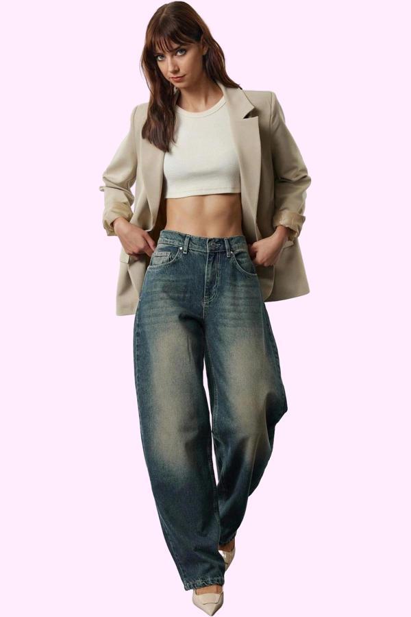 Kadın Pamuklu Denim Jean; Yüksek Bel Geniş Paça Baggy Günlük Kombinler Yaz Aylarının Vazgeçilmezi - Image 1