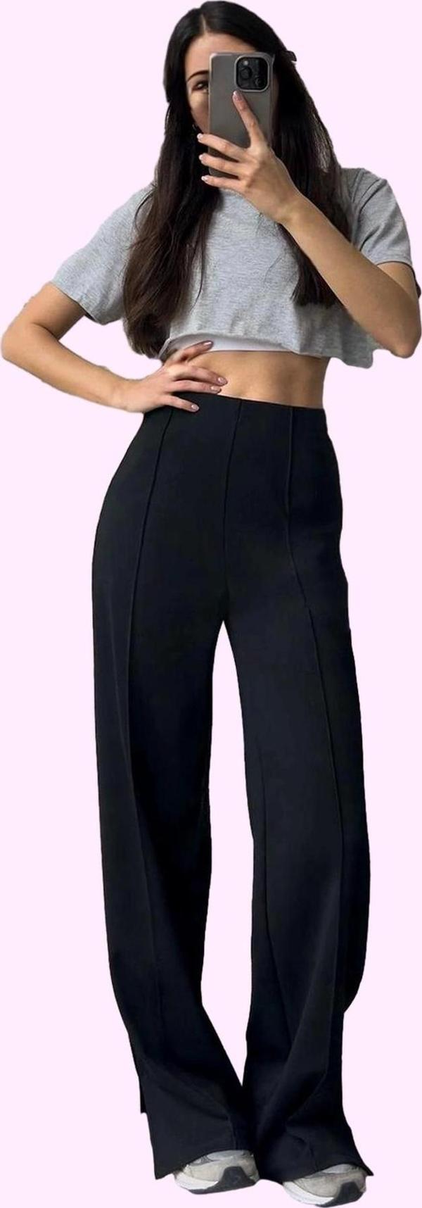 Kadın Yüksek Bel Geniş Paça Pantolon Wide Leg İnterlok Yazlık Günlük Şıklık Modern Tasarım - Image 1