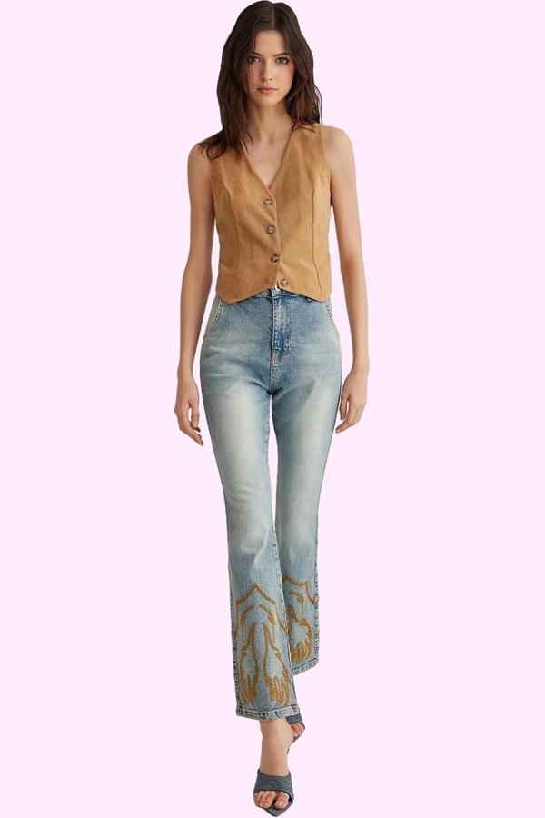 Kadın Pamuk Denim Flare Jean; Yüksek Bel Nakış Detaylı Günlük Kullanım için Modern Tasarım - Image 1