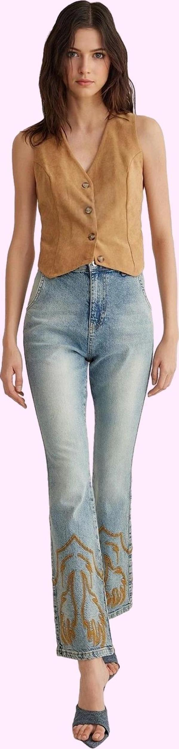 Kadın Pamuk Denim Flare Jean; Yüksek Bel Nakış Detaylı Günlük Kullanım için Modern Tasarım - Image 1