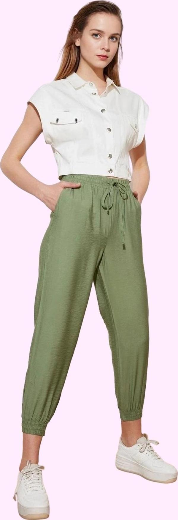 Kadın Dokuma Jogger Pantolon; Rahat Yüksek Bel Lastikli Paça Günlük Kombinler Modern Tasarım - Image 1