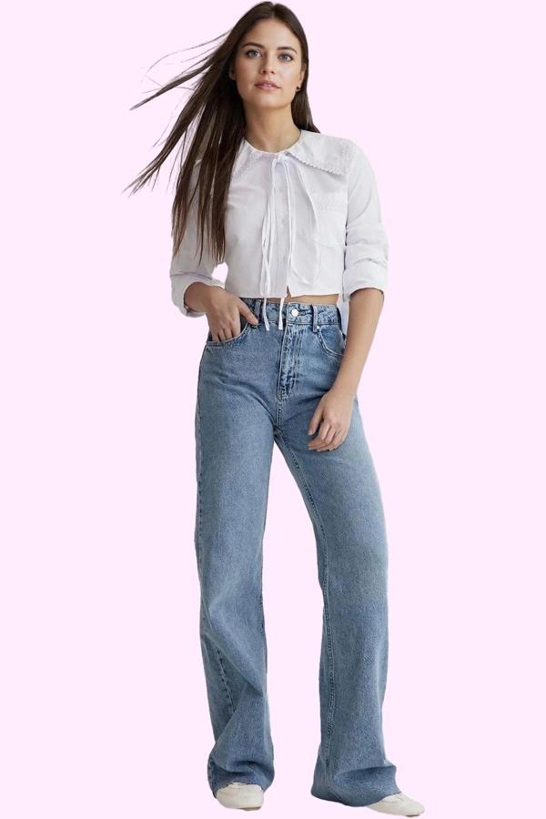 Kadın Denim Geniş Paça Pantolon Pamuk Yüksek Bel Uzun Boy Günlük Stil Yaz Aylarının Vazgeçilmezi - Image 1