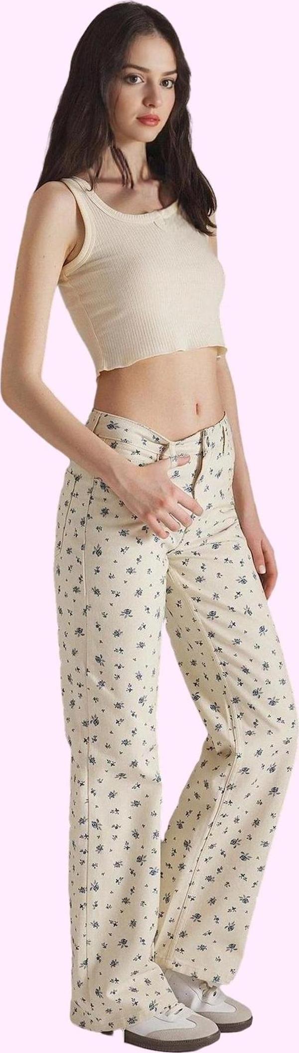 Kadın Pamuklu Çiçekli Desenli Wide Leg Jean Pantolon Günlük Kullanım Yaz Aylarının Vazgeçilmezi - Image 1