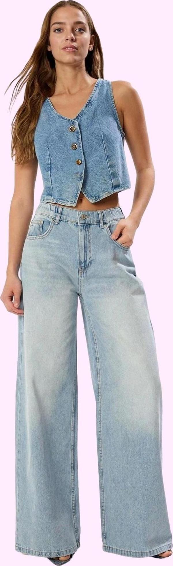 Kadın Pamuk Denim Palazzo Jean Yüksek Bel Geniş Paça Günlük Stil Yaz Aylarının Vazgeçilmezi - Image 1