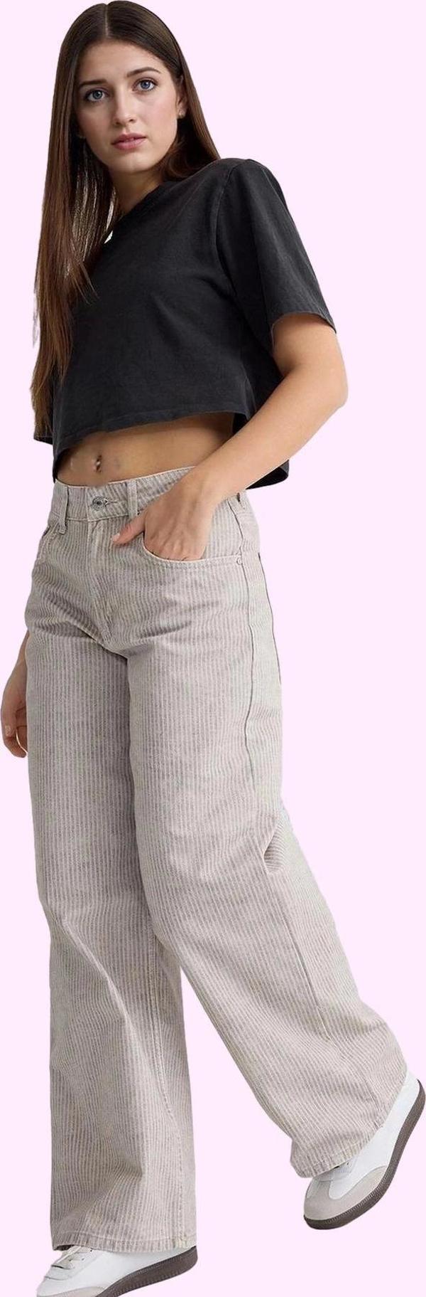 Kadın Çok Çizgili Barrel Jeans Pantolon Günlük Kullanım İçin Pamuk Konfor Kaliteli Malzeme - Image 1
