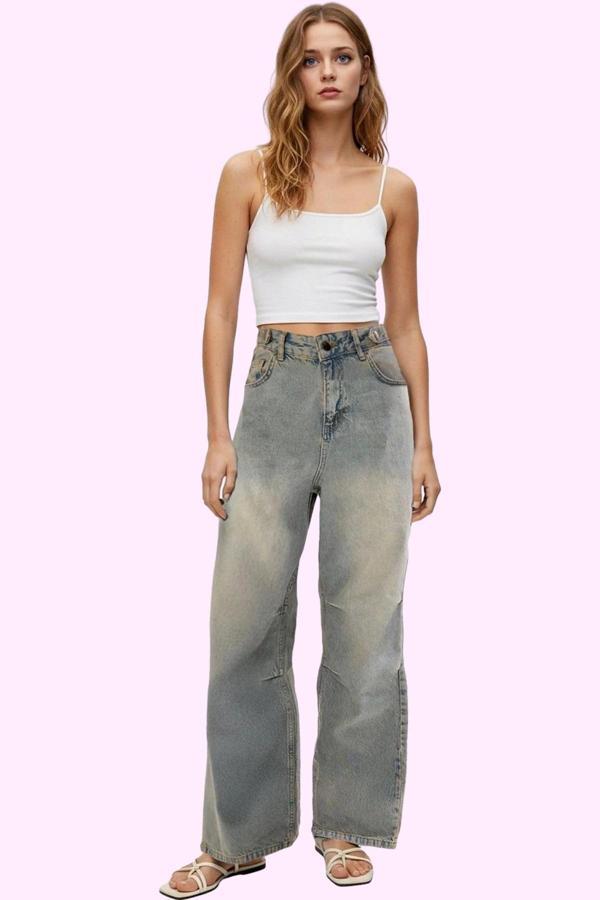 Kadın Pamuk Denim Baggy Jean Pantolon Yüksek Bel Geniş Paça Günlük Stil Yaz Aylarının Vazgeçilmezi - Image 1