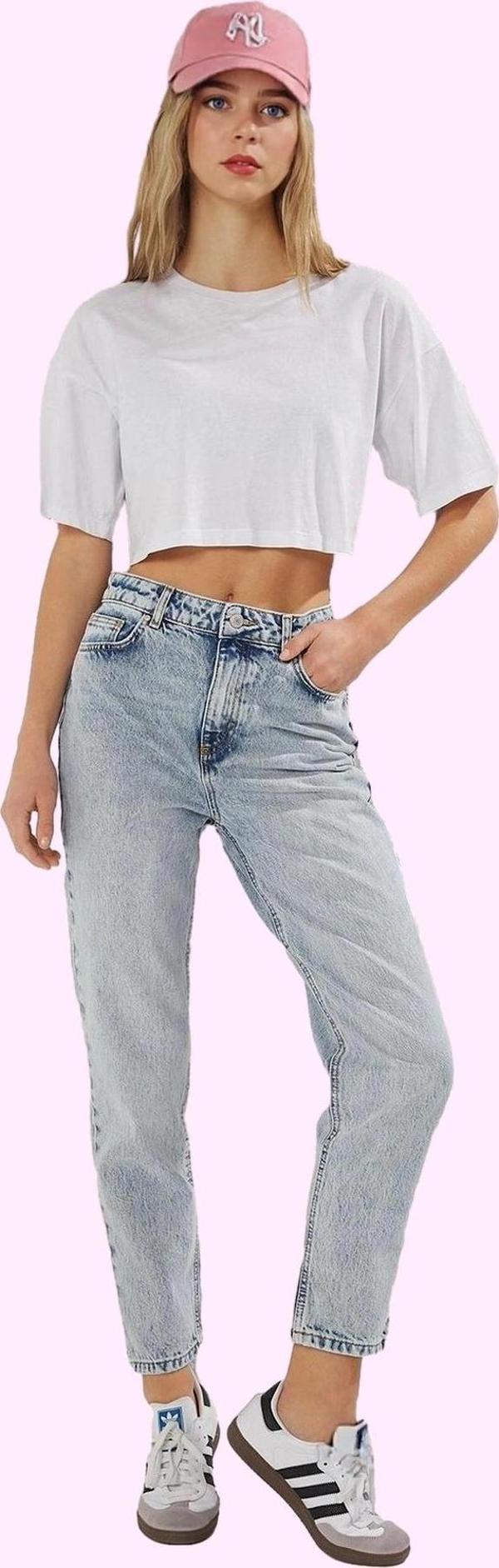 Kadın Yüksek Bel Mom Jean Pantolon Düz Desen Rahat Günlük Stil Hafta Sonu Kaliteli Malzeme - Image 1