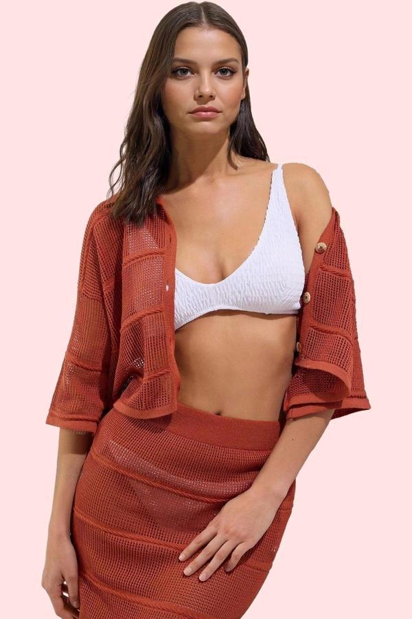 Kadın Triko Kumaş Uzun Kollu Kiremit Plaj Gömleği Yazlık Model Günlük Kullanım Özel Günler - Image 1