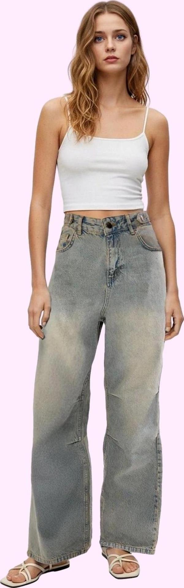Kadın Pamuk Denim Baggy Jean Pantolon Yüksek Bel Geniş Paça Günlük Stil Yaz Aylarının Vazgeçilmezi - Image 1