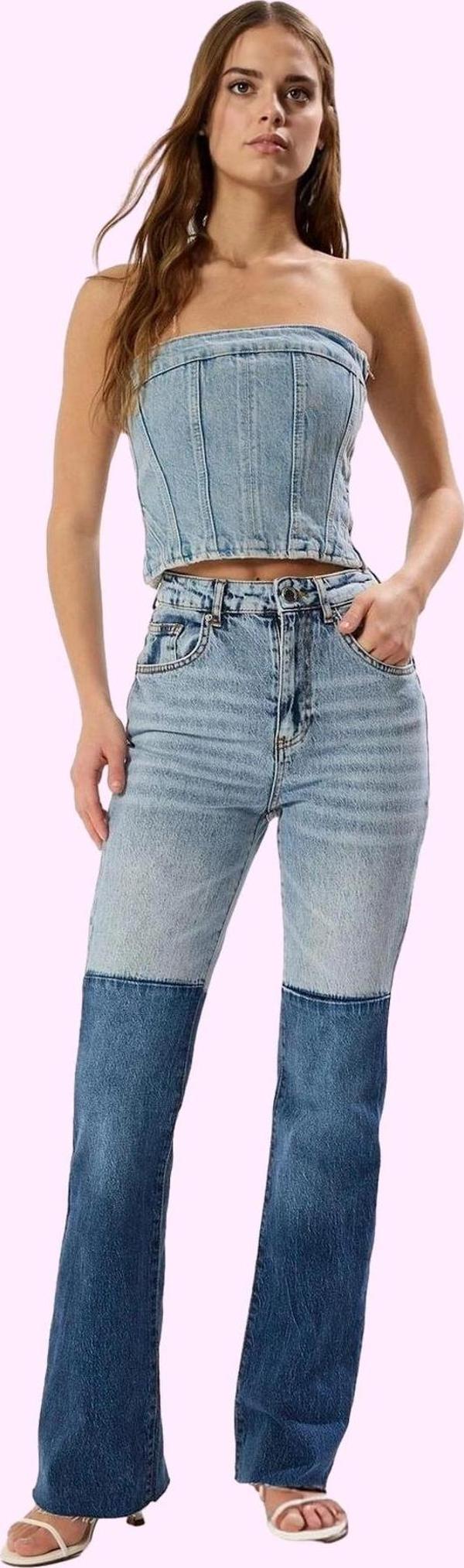 Kadın Renk Bloklu Comfort Flare Jean Yüksek Bel Günlük Ve Özel Günler Yaz Aylarının Vazgeçilmezi - Image 1