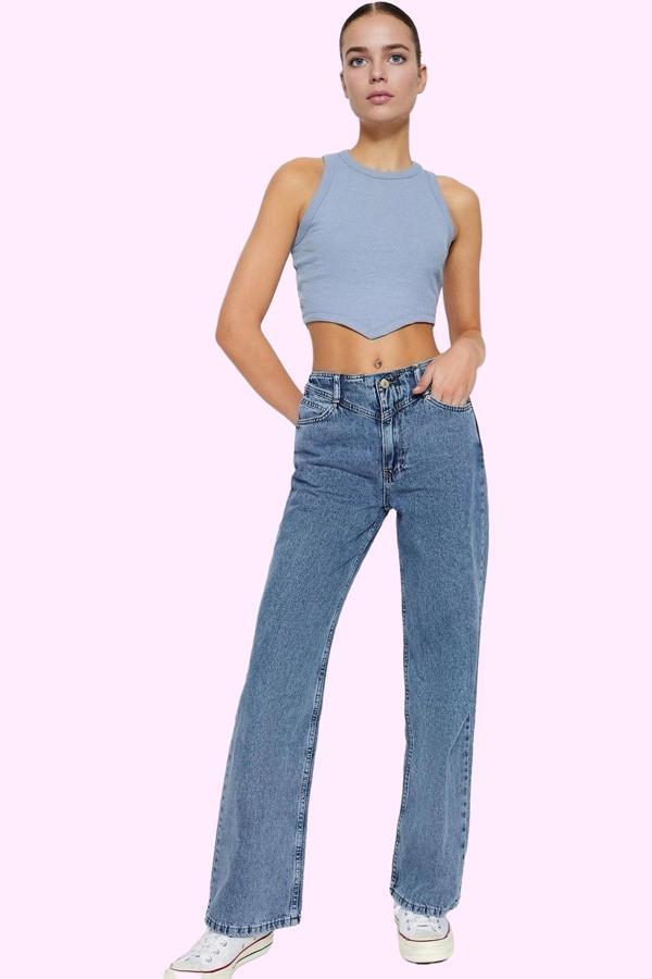 Kadın Pamuk Denim Jean Yüksek Bel Geniş Paça Günlük ve Şık Stil Yaz Aylarının Vazgeçilmezi - Image 1