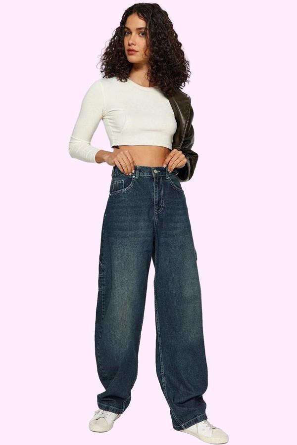 Kadın Pamuk Denim Carpenter Jean Pantolon Yüksek Bel Günlük Stil Yaz Aylarının Vazgeçilmezi - Image 1