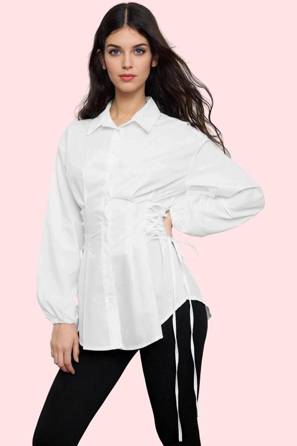 Kadın Pamuk Polyester Terrycotton Kumaş Gömlek Düz Desen Yaka Fitted Kalıp Günlük Şıklık Hafta Sonu - Image 1