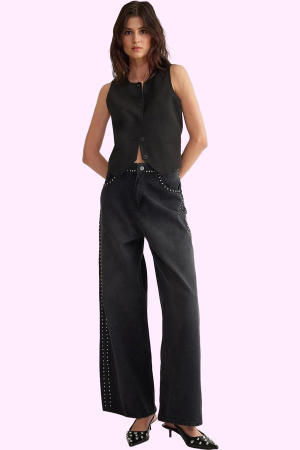 Kadın Pamuk Denim Palazzo Jean Rahat Günlük Stil Modern Tasarım Yaz Aylarının Vazgeçilmezi - Image 1