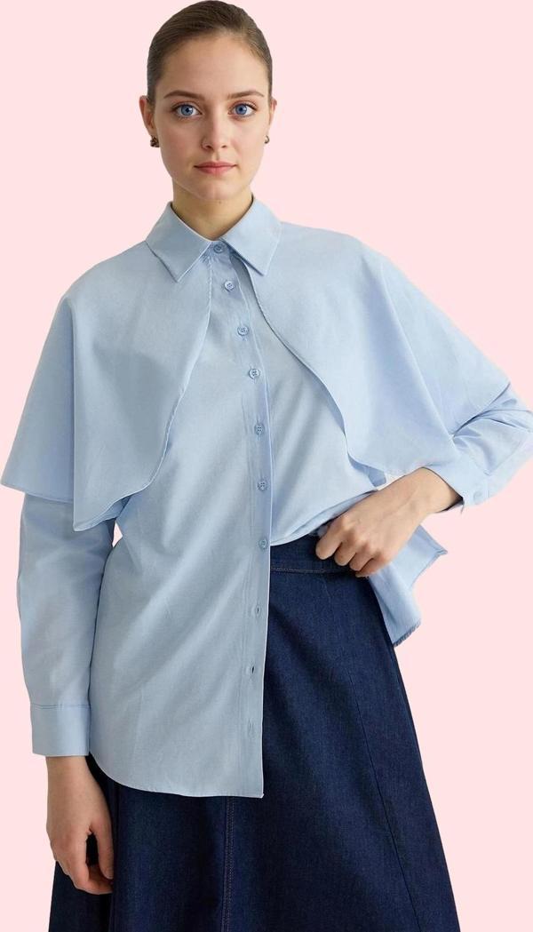 Kadın Dokuma Gömlek Pelerin Detaylı Regular Kalıp Terrycotton Kumaş Rahat Günlük Stil Hafta Sonu - Image 1