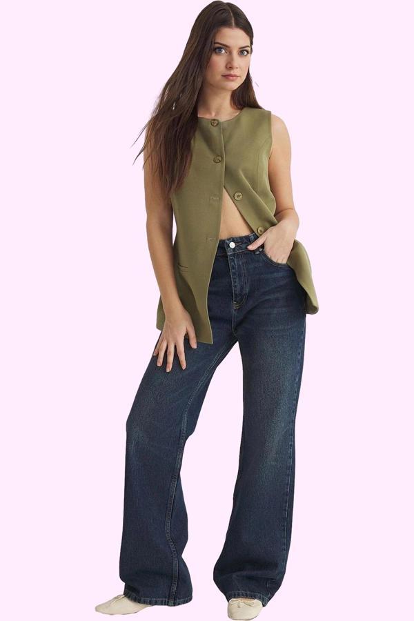 Kadın Pamuk Denim Pantolon Geniş Paça Rahat Kalıp Günlük Hafta Sonu Yaz Aylarının Vazgeçilmezi - Image 1
