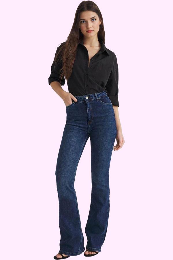 Kadın Denim İspanyol Paça Flare Pantolon Yüksek Bel Günlük Kullanım Yaz Aylarının Vazgeçilmezi - Image 1