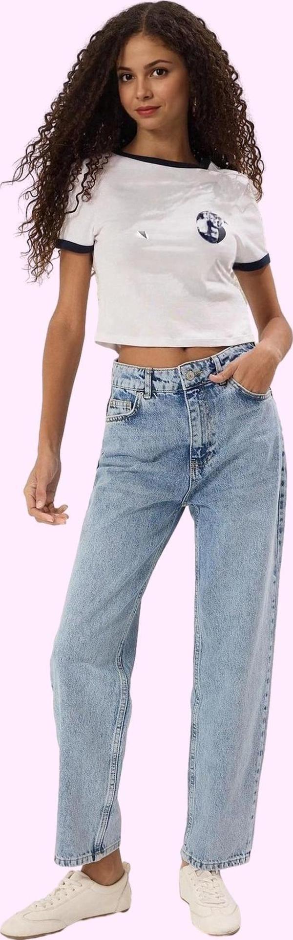 Kadın Pamuk Denim Mom Jean Yüksek Bel Boru Paça Rahat Günlük Kullanım Yaz Aylarının Vazgeçilmezi - Image 1
