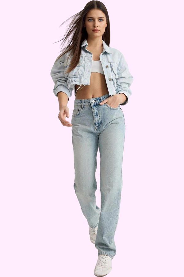 Kadın Pamuk Denim Jean; Yüksek Bel Straight Kalıp Boru Paça Günlük Kullanım Modern Tasarım - Image 1