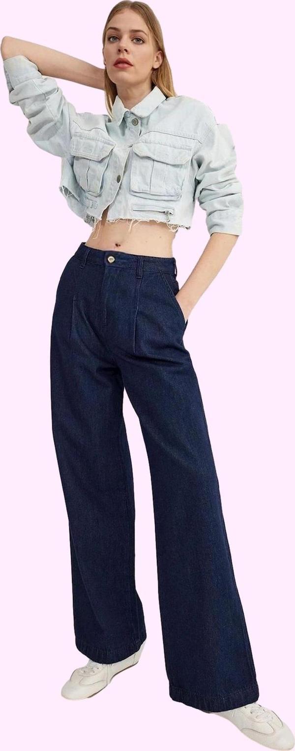 Kadın Pamuk Jean Pantolon Yüksek Bel Wide Leg Günlük Stil Hafta Sonu Yaz Aylarının Vazgeçilmezi - Image 1