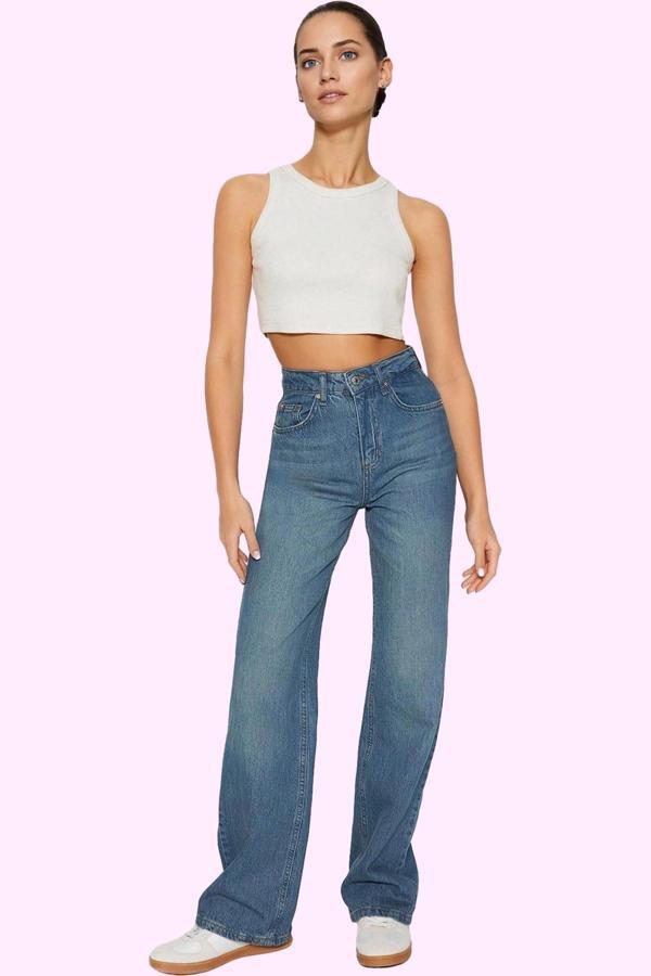Kadın Pamuk Denim Jean Pantolon; Yüksek Bel; Geniş Paça; Günlük Stil Yaz Aylarının Vazgeçilmezi - Image 1