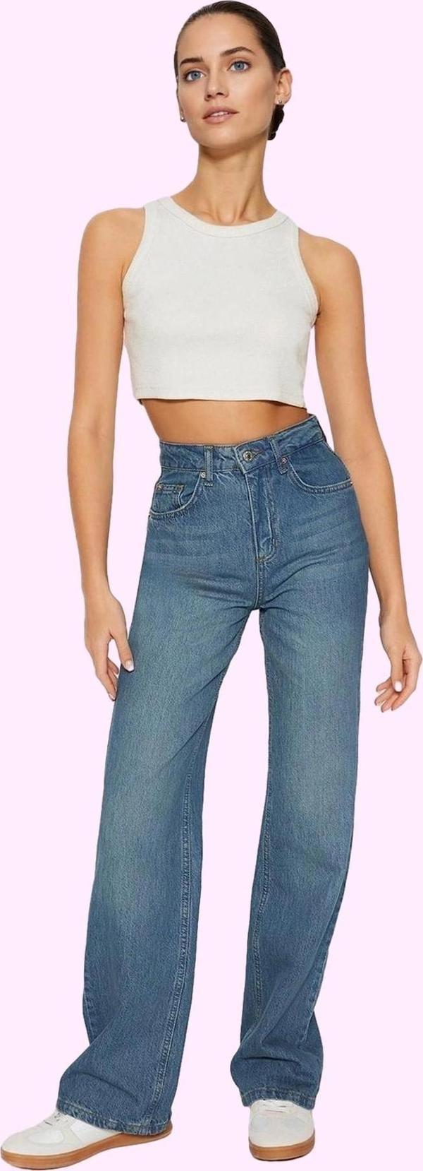 Kadın Pamuk Denim Jean Pantolon; Yüksek Bel; Geniş Paça; Günlük Stil Yaz Aylarının Vazgeçilmezi - Image 1