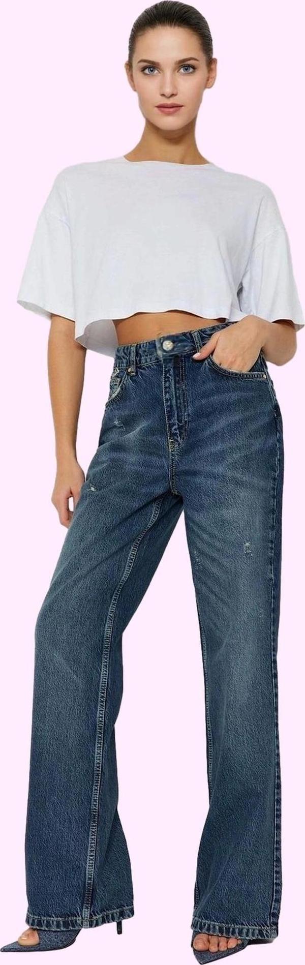 Kadın Pamuk Denim Jean Yüksek Bel Geniş Paça Günlük ve Şık Hafta Sonu Yaz Aylarının Vazgeçilmezi - Image 1