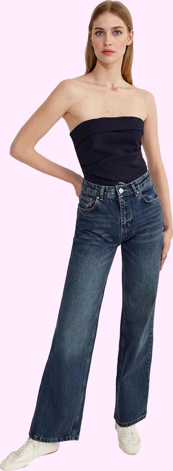 Kadın Pamuk Denim Jean Pantolon Yüksek Bel Geniş Paça Günlük Tarz Yaz Aylarının Vazgeçilmezi - Image 1