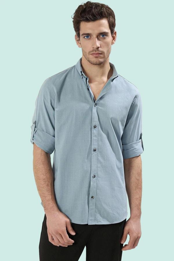 Erkek Pamuklu Gömlek Düğmeli Slim Fit Keten Görünümlü İş ve Günlük Yaz Aylarının Vazgeçilmezi - Image 1