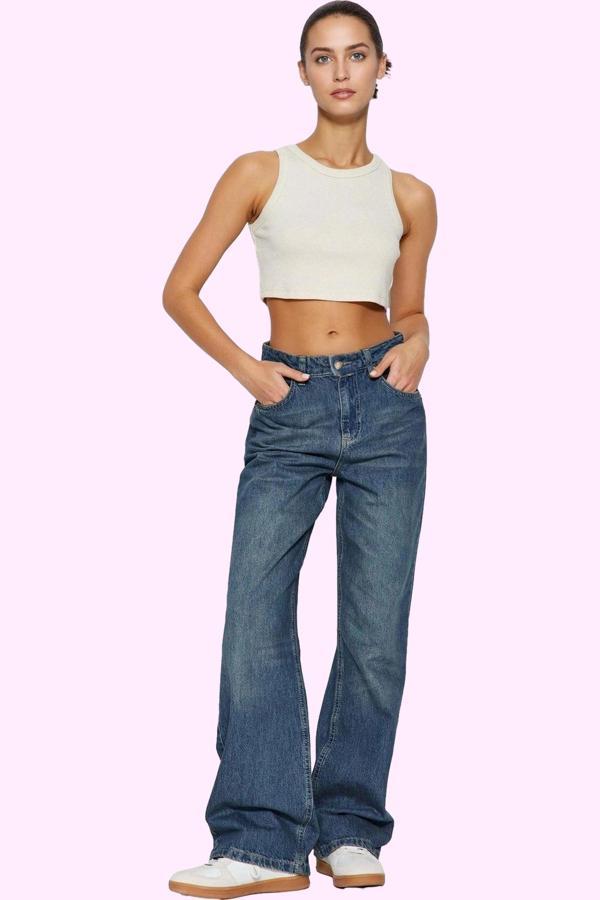 Kadın Care Koleksiyonu Pamuk Denim Geniş Paça Jean Pantolon Günlük Kullanım Modern Tasarım - Image 1