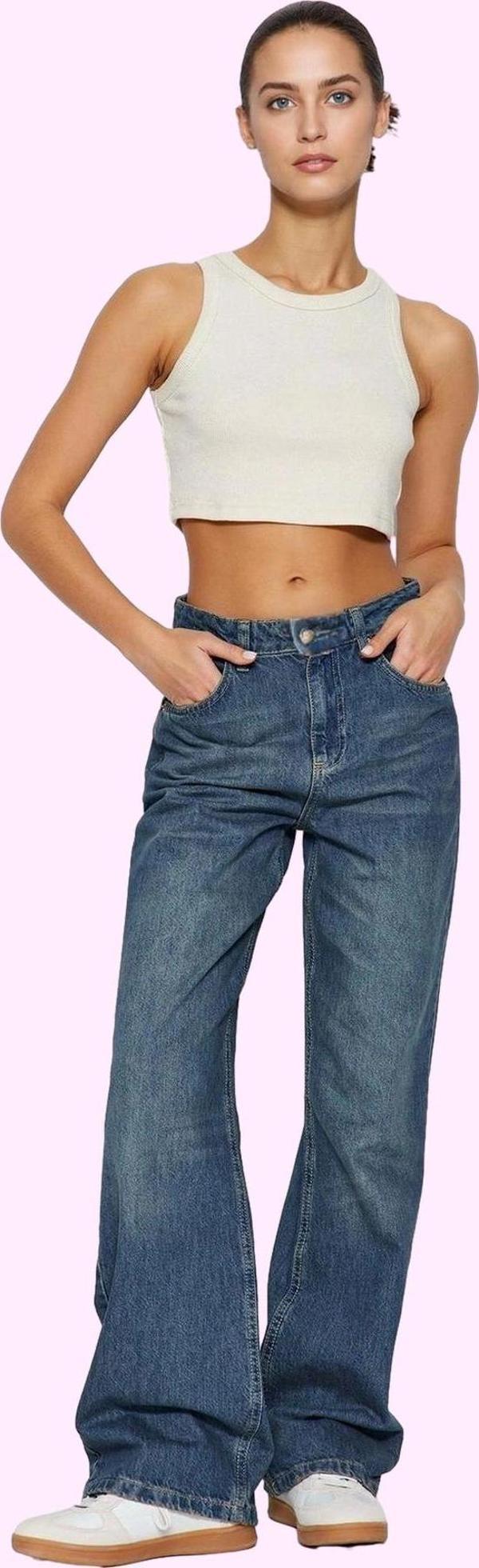 Kadın Care Koleksiyonu Pamuk Denim Geniş Paça Jean Pantolon Günlük Kullanım Modern Tasarım - Image 1