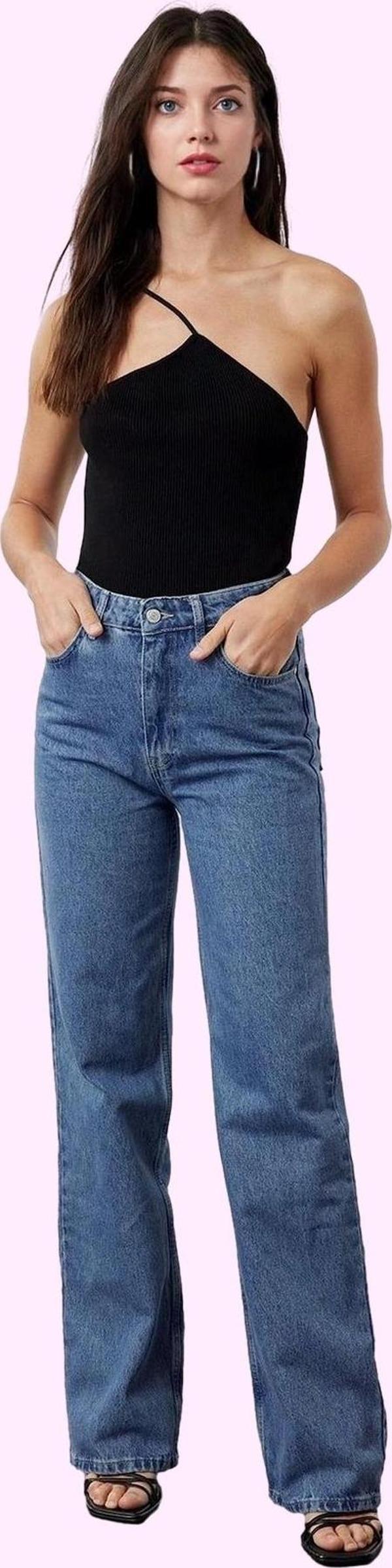 Kadın Pamuk Denim Wide Leg Jean Yüksek Bel Rahat Günlük Stil Hafta Sonu Yaz Aylarının Vazgeçilmezi - Image 1