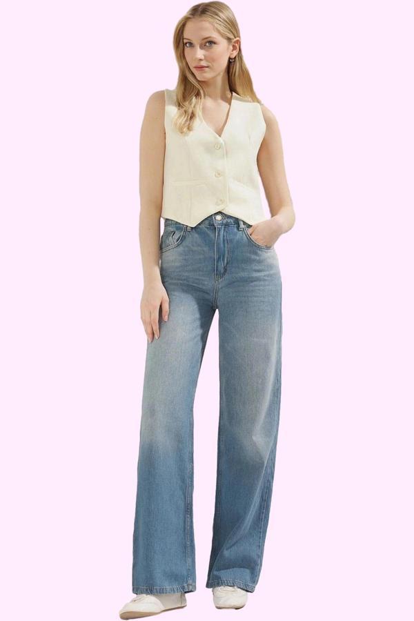 Kadın Pamuklu Denim Wide Leg Jean Pantolon Günlük Ve Rahat Kullanım Yaz Aylarının Vazgeçilmezi - Image 1