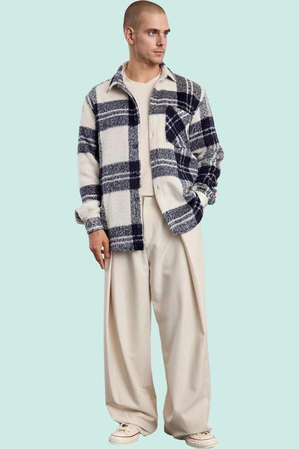 Kadın Unisex Kışlık Kareli Oversize Dokuma Gömlek Ceket Günlük Kombinler Dayanıklı Malzeme - Image 1