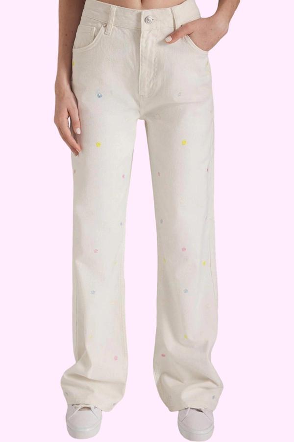 Kadın Pamuk Denim Wide Leg Pantolon Nakışlı Desen Günlük Kullanım Yaz Aylarının Vazgeçilmezi - Image 1