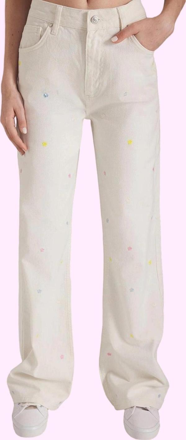 Kadın Pamuk Denim Wide Leg Pantolon Nakışlı Desen Günlük Kullanım Yaz Aylarının Vazgeçilmezi - Image 1