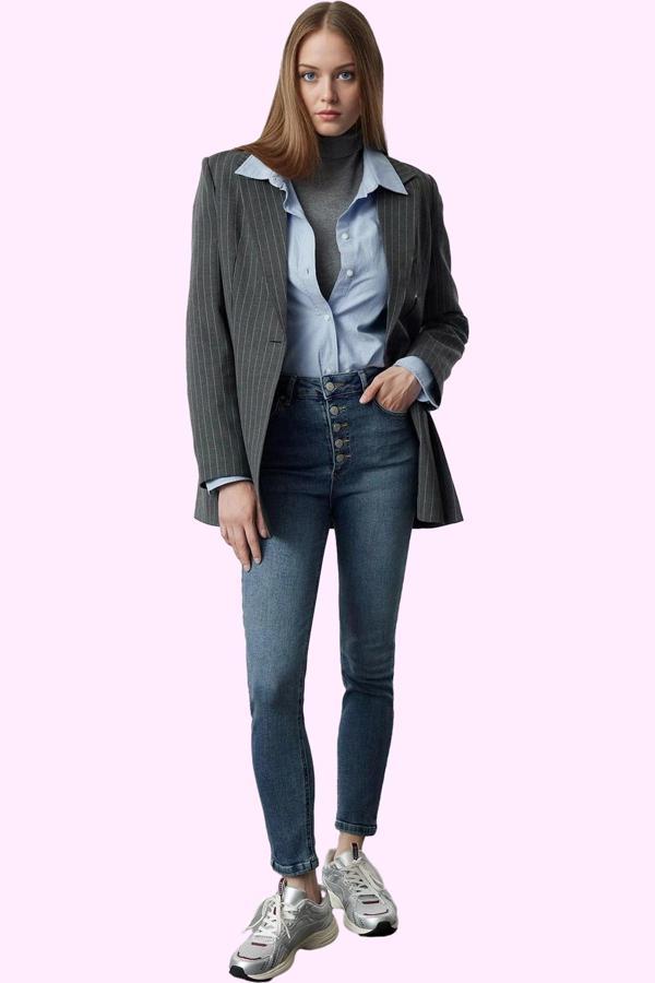 Kadın Pamuk Denim Skinny Jean Yüksek Bel Düğmeli Casual Stil Günlük Kullanım Modern Tasarım - Image 1