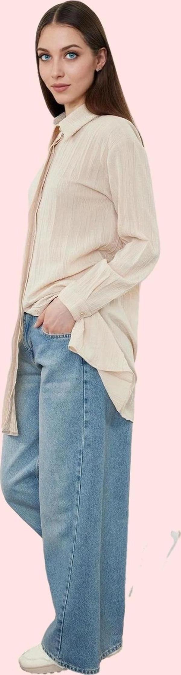 Kadın Uzun Kollu Gömlek Dokuma Kumaş Kemersiz Rahat Günlük Hafta Sonu Yaz Aylarının Vazgeçilmezi - Image 1