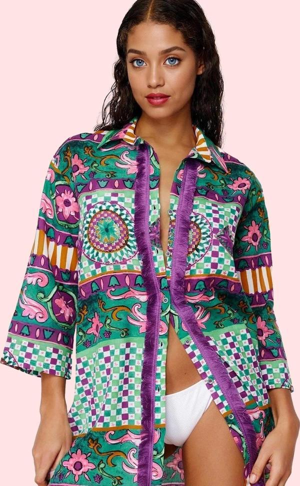 Kadın Pamuk Vual Plaj Gömleği Düğmeli Etnik Desen Yazlık Günlük Kullanım Dayanıklı Malzeme - Image 1